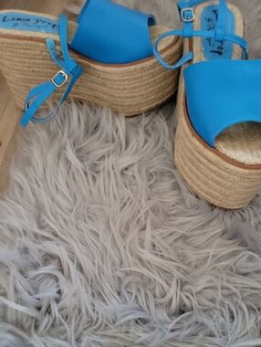 Lemon Drop  Bright Blue Platform Espadrille Sandals